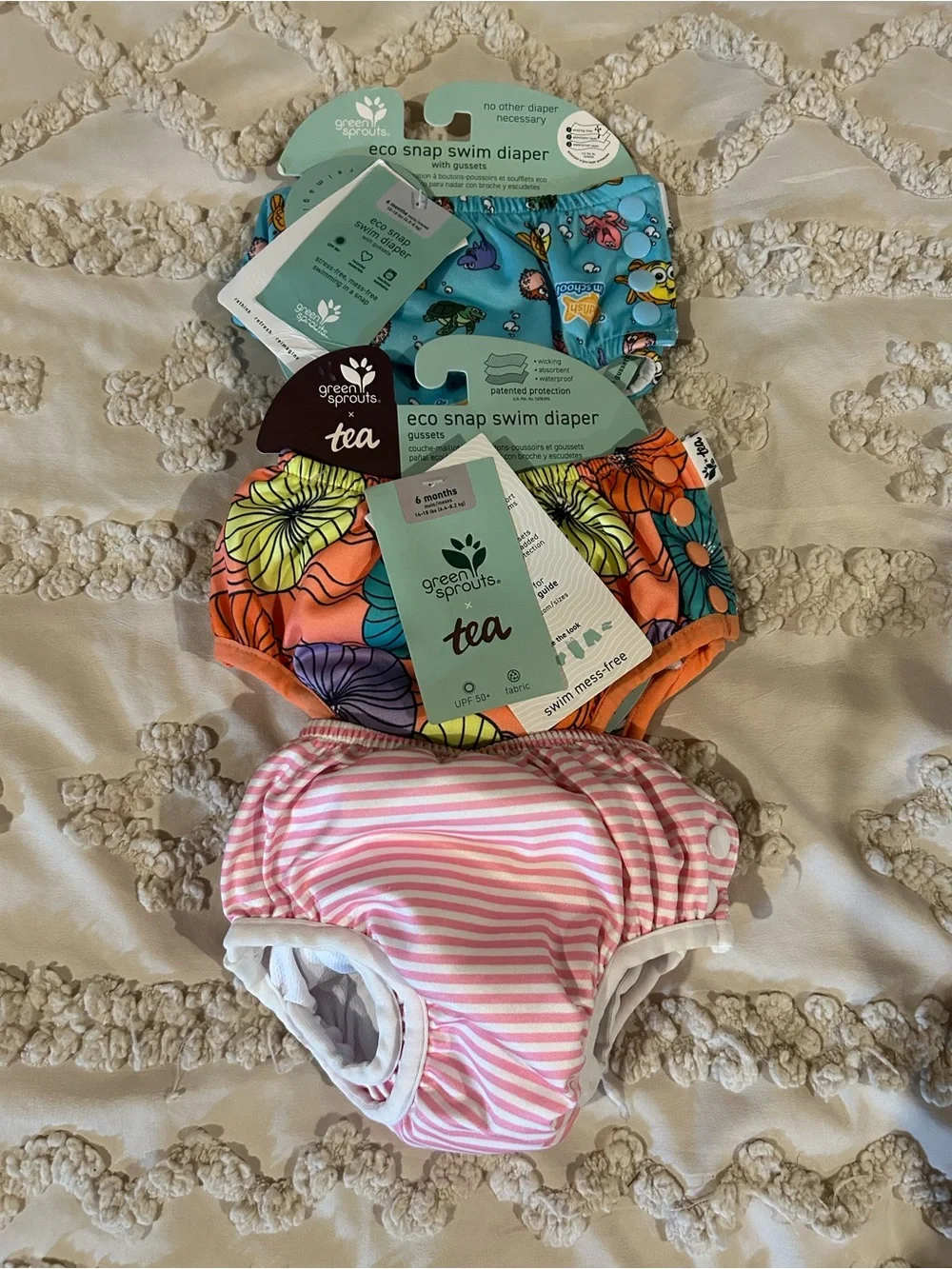 Green Sprouts / Tea Kids Swim Trunks - Pink Stripe, Orange Floral, Blue Print